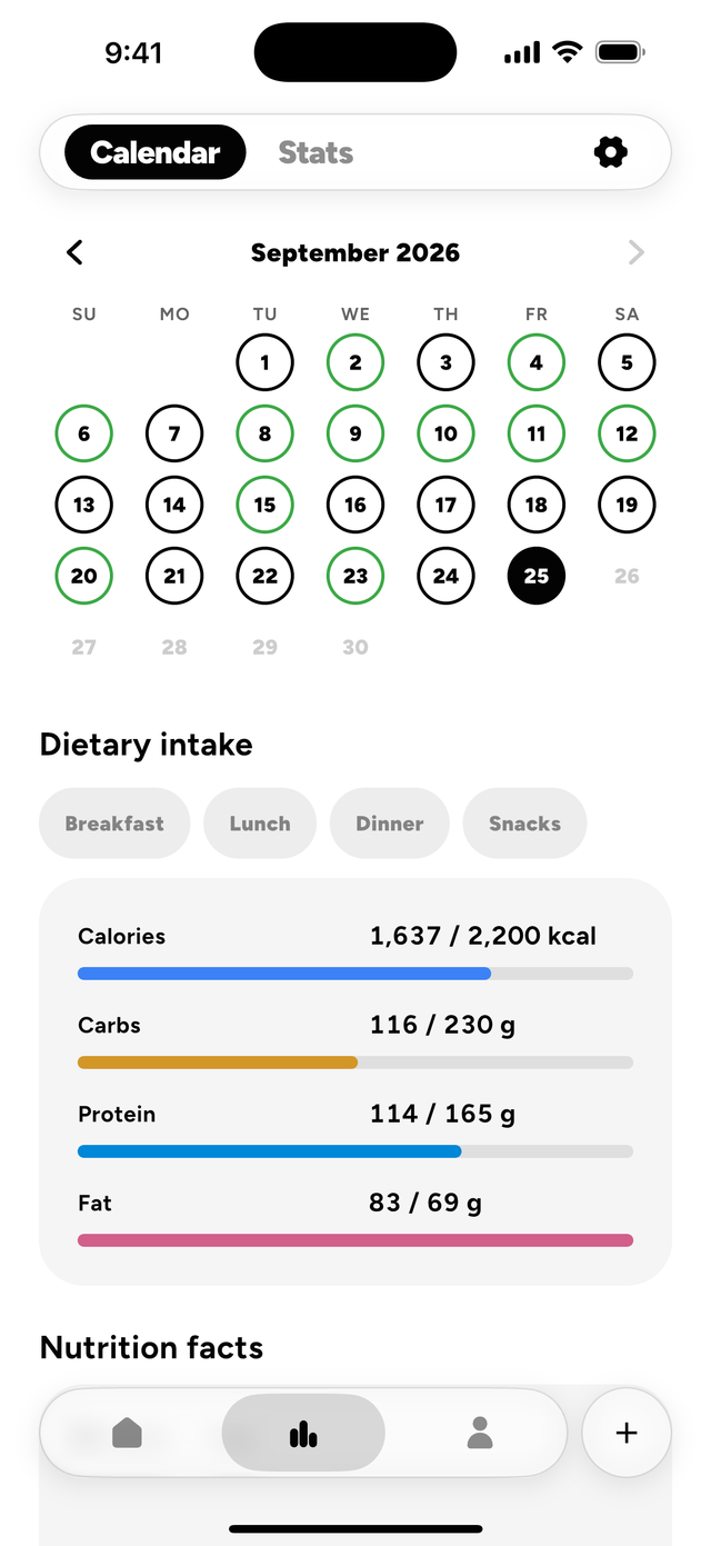 The Kaunto month calendar: a ring around every day logged, green where the goal was met, and under it the selected day’s intake, filterable by meal.